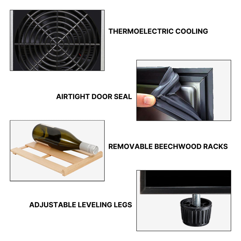 Closeup images of features, labeled: Thermoelectric cooling, airtight door seal, removable beechwood racks, adjustable leveling legs
