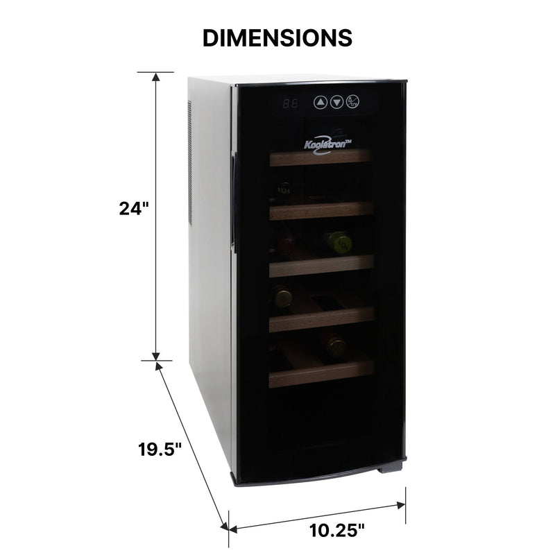 Koolatron 12 bottle thermoelectric wine fridge on a white background with dimensions labeled
