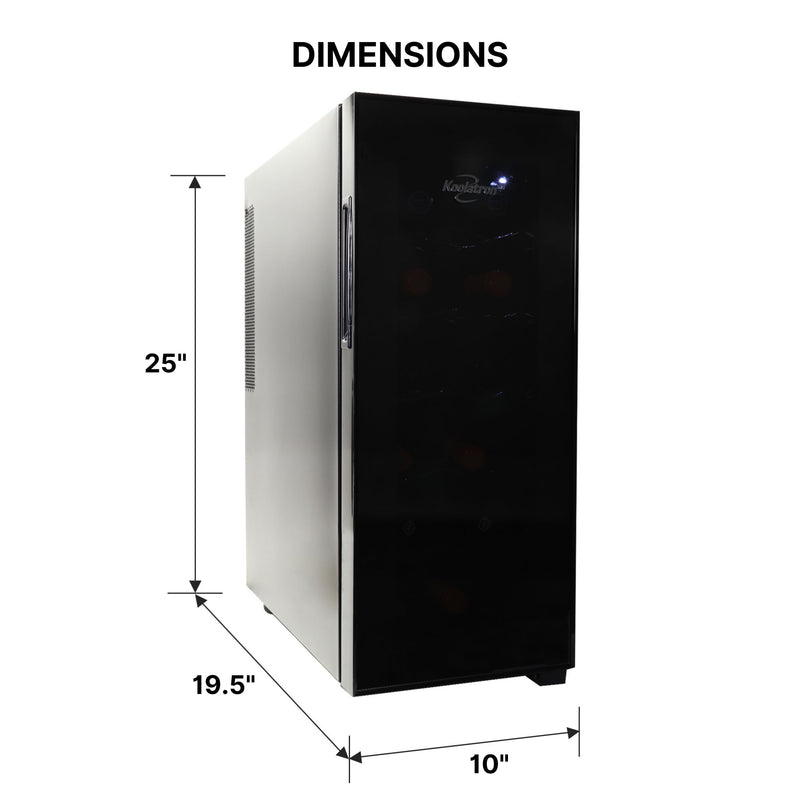  Koolatron 12 bottle thermoelectric wine fridge on a white background with dimensions labeled