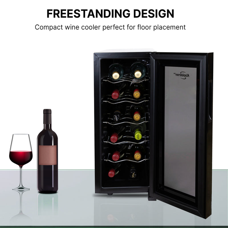 Koolatron 12 bottle wine cooler, open, with a bottle and glass of red wine to the left; Text above reads "Freestanding design: Compact wine cooler perfect for floor"