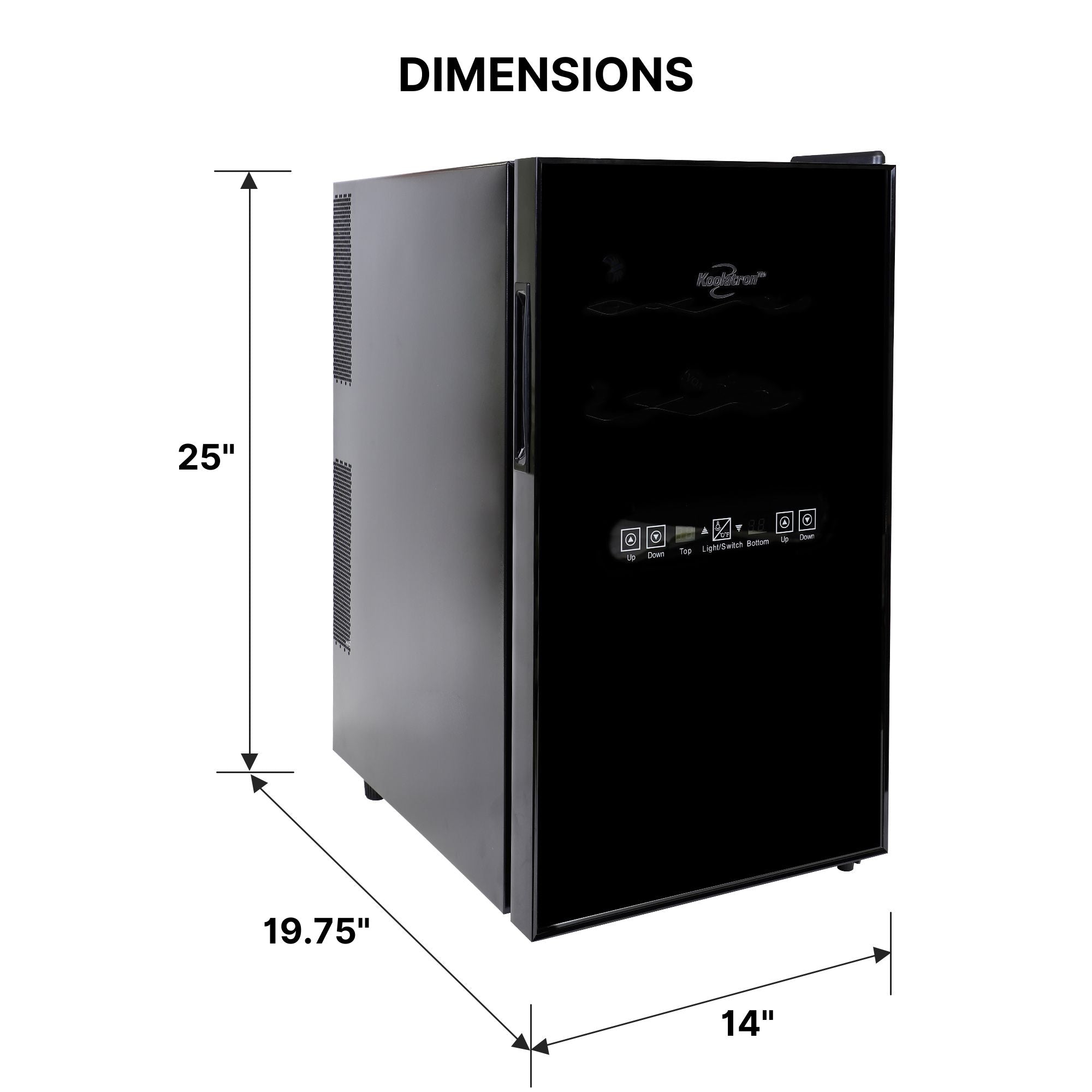 Koolatron 18 bottle dual zone thermoelectric wine fridge on a white background with dimensions labeled