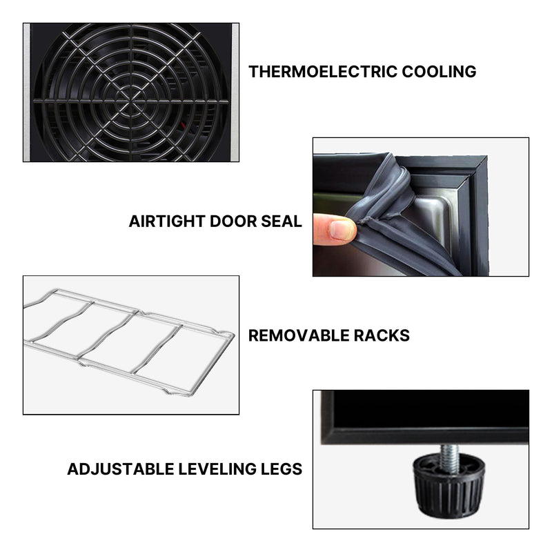 Closeup images of features, labeled: Thermoelectric cooling, airtight door seal, removable racks, adjustable leveling legs