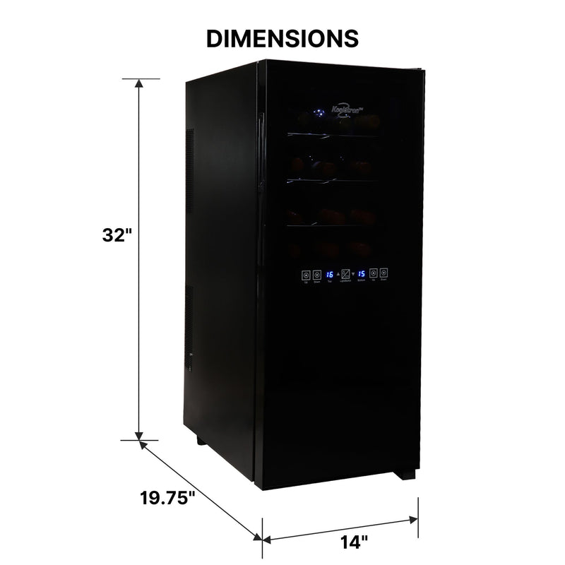 Koolatron 24 bottle dual zone thermoelectric wine fridge on a white background with dimensions labeled