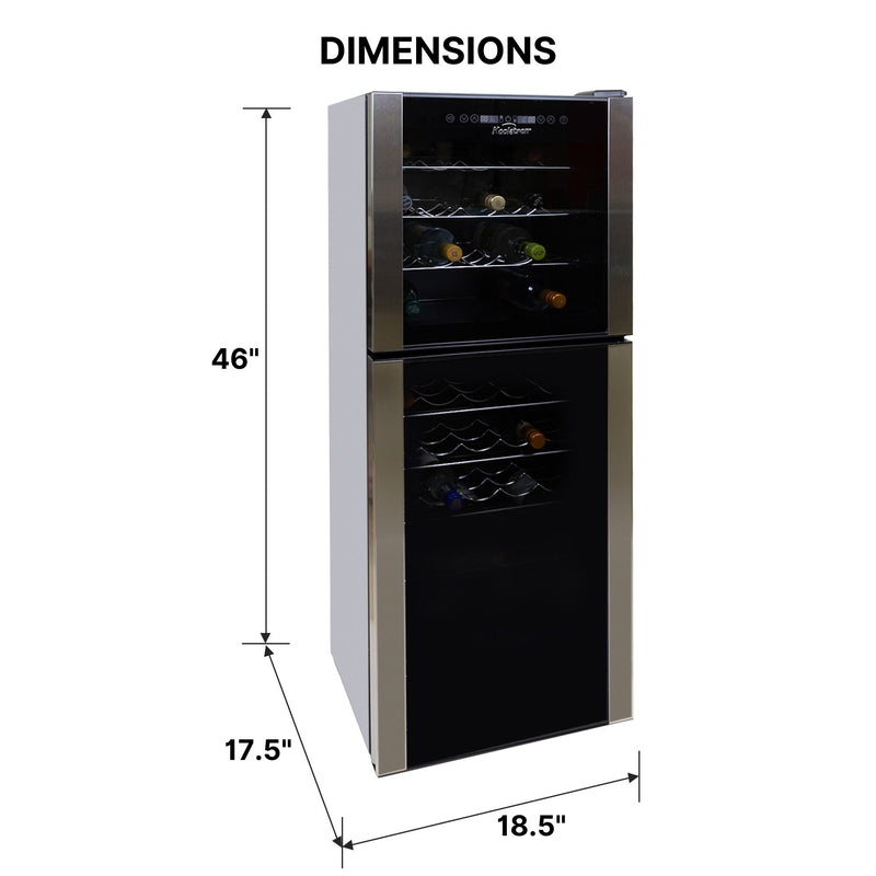 Koolatron 45 bottle dual zone thermoelectric wine fridge on a white background with dimensions labeled