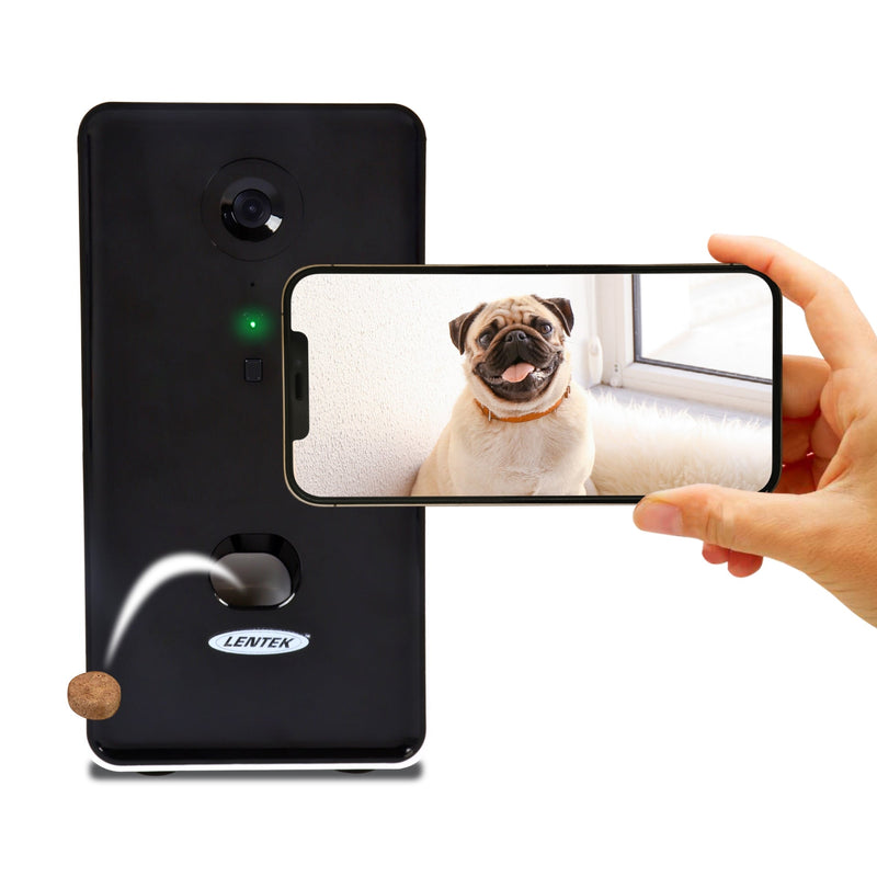 PT01 Lentek Smart Pet Treat Tosser with HD Video, 2-Way Audio - Product shot on white background with hand holding smartphone showing picture of pug in foreground