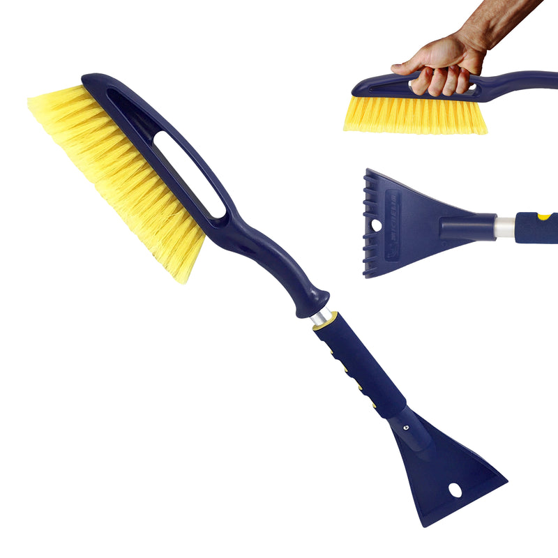 Product shot of snow brush on white background with two inset closeups to the right: The first shows a hand holding the brush head grip and the second shows the ice scraper