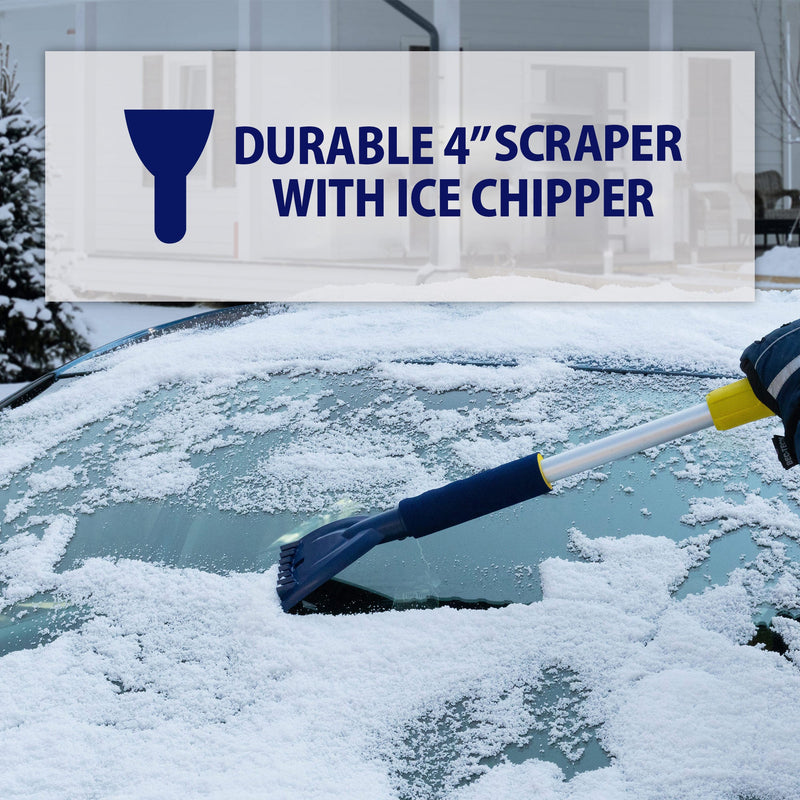 Lifestyle image of a gloved hand using the ice scraper to scrape the windshield of a dark coloured car. Transparent white overlay at the bottom shows an ice scraper icon beside text reading "Durable 4" ice scraper with ice chipper"