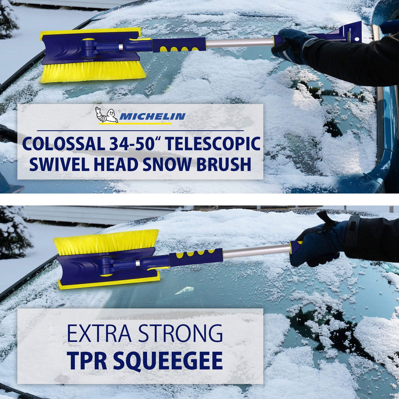 Top half shows a lifestyle image of a gloved hand using the snow brush to remove snow from the windshield of a dark coloured car. Transparent white overlay shows the Michelin logo above text reading, "Colossal 34-50" telescopic swivel head snow brush." Bottom half shows a lifestyle image of a gloved hand using the squeegee to clean the windshield of a dark coloured car. Transparent white overlay contains text reading, "Extra strong TPR squeegee"