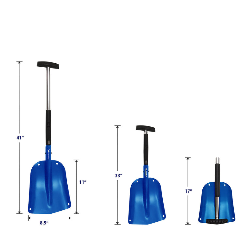 Three product shots of the ultra compact utility shovel snow shovel show the shovel with the handle fully extended; not extended; and folded for storage, on white backgrounds with dimensions labeled