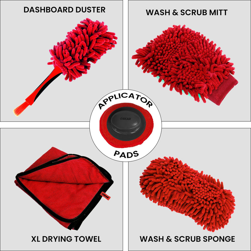Product shot of one microfiber applicator pad with detachable handle in the center surrounded by a grid of four product shots of components of ultimate car wash kit on light gray backgrounds, labeled: Dashboard duster; wash and scrub mitt; wash and scrub sponge; XL drying towel