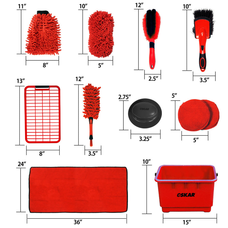 Product shots on white background of each component of the 11-piece ultimate car wash kit with dimensions labeled