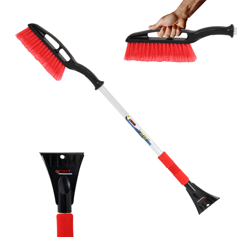 Product shot of snow brush on white background with two inset closeups: Top right shows a hand holding the brush head grip and bottom left shows the ice scraper