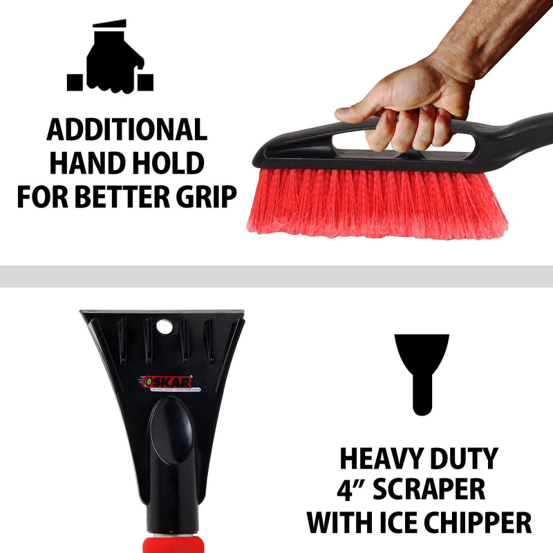 Top half has an icon and text reading "Additional handhold for better grip" to the left of a product shot on white background of a hand holding the brush head grip. Bottom half has a closeup product shot on white background of the ice scraper to the left of an icon and text reading "Heavy duty 4" scraper with ice chipper"