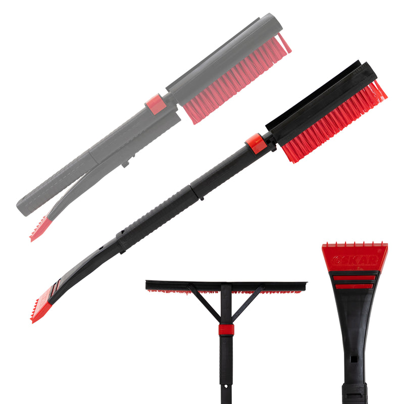 Two product shots of snow brush on white background: The first shows the brush fully assembled and the second is partly transparent and shows the brush collapsed for storage. Two inset closeups below show the brush head expanded to 16 inches and the ice scraper