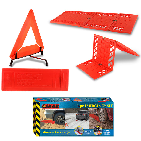 Product shot on a white background of vehicle emergency kit showing assembled warning triangle, two traction mats, storage case, and packaging box