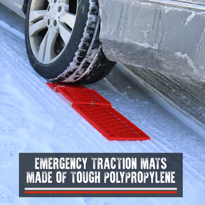 Lifestyle image shows a closeup view of the rear of a gray car on snow-covered ground with a traction strip under the tire. Text overlay at the bottom reads, "Emergency traction mats made of tough polypropylene"