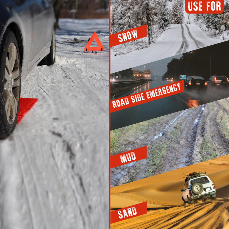 Left is a lifestyle image showing the side of a gray car on snowy ground with a friction strip under one tire and warning triangle set up. On the right are four lifestyle images showing where the kit could be used: Top, labeled "snow," shows a snow-covered road through the woods; second, labeled "road side emergency," shows cars driving on a wet highway at night; third, labeled "mud," shows a closeup of tire tracks in thick muddy grass; fourth, labeled "sand," shows a white SUV driving across sand dunes