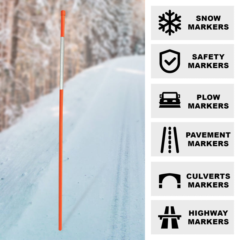 Lifestyle image of an orange driveway marker installed in snowy ground. Icons and text to the right describe potential uses: Snow markers; safety markers; plow markers; pavement markers; culverts markers; highway markers