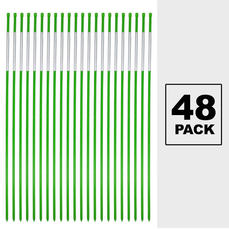 Product shot of 22 green driveway markers with white reflective tape laid out side by side on a white background. Text to the right reads, "48 pack"