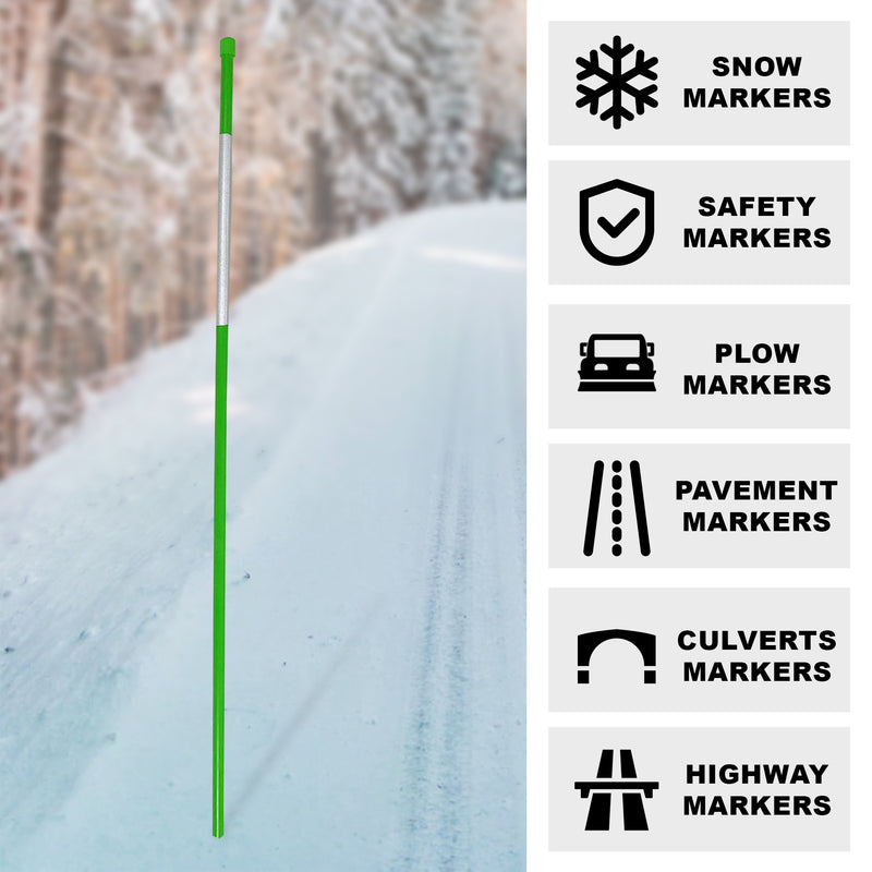 Lifestyle image of a green driveway marker installed in snowy ground. Icons and text to the right describe potential uses: Snow markers; safety markers; plow markers; pavement markers; culverts markers; highway markers