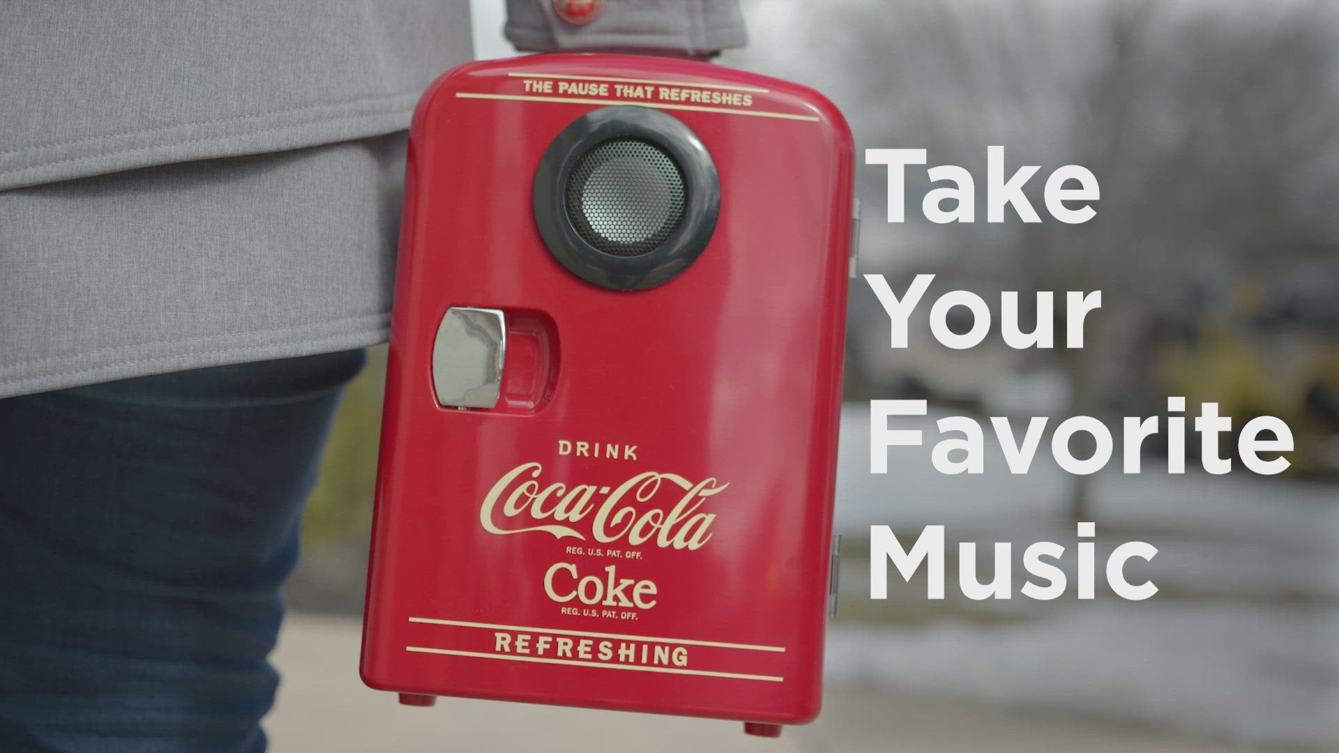Video with music shows the various uses and features of the mini fridge/speaker as described in the product listing. Text overlaid on the images describes the features while they are being demonstrated.