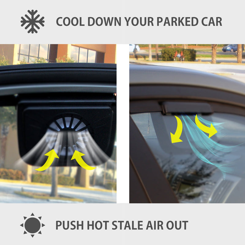 Two enhanced images of the AutoKool solar-powered fan mounted on a car window. The first shows the fan viewed from inside with arrows showing the air being pulled in and the second shows the view from outside with arrows showing the air being pushed out. Text above reads, "Cool down your parked car," and text below reads, "Push hot stale air out"