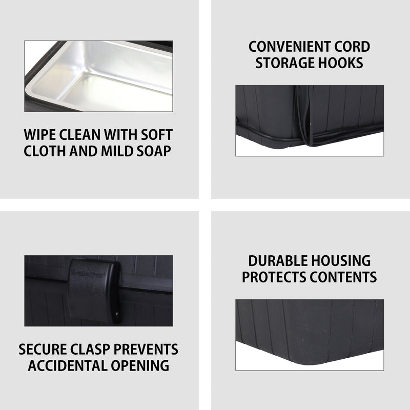 Four closeup images of parts and features of 12V heating lunch box, labeled: Wipe clean with soft cloth and mild soap; convenient cord storage hooks; durable housing protects contents; secure clasp prevents accidental opening