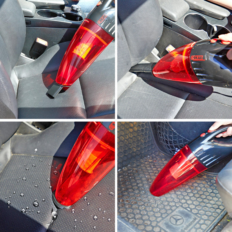 Four lifestyle image show the Oskar 12V handheld vacuum with various nozzle attachments in use inside a vehicle with dark gray interior: 1. Using small crevice tool on a cushion; 2. Using angled crevice tool in the crack of a seat; 3. Using liquid pickup tool on a seat; 3. Using main nozzle on a floor mat