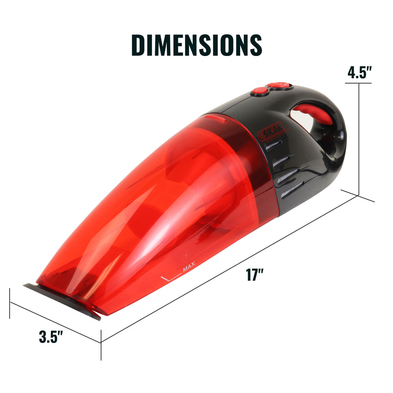 Product shot of Oskar 12V handheld vehicle vacuum on a white background with dimensions labeled