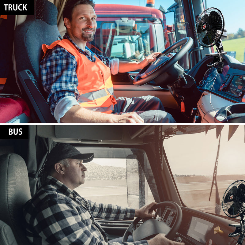 Two lifestyle images show large vehicles where the 12 volt clip-on fan could be used. Top image shows a person with light skin and short dark brown hair and goatee, wearing a blue plaid shirt and orange safety vest, driving a large truck with the fan clipped to the dashboard. Bottom image shows a person with light skin and short white hair, wearing a black and white checked jacket and black baseball cap, driving a bus with the fan clipped to the dashboard 