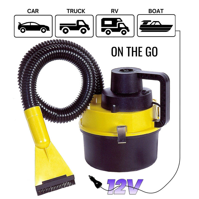 Product shot of 12V portable canister vacuum and inflator on a white background with the liquid pickup tool and upholstery brush attachments on the nozzle and labeled icons above showing a car, a pickup truck, an RV, and a boat. Text above reads, "On the go"