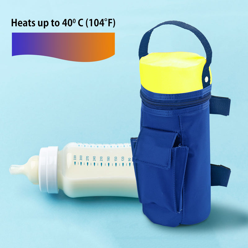 Product shot of 12V baby bottle warmer, closed, with a bottle of milk lying on its side behind it, on a light aqua background. Text overlay reads, "Heats up to 40C (104F)"