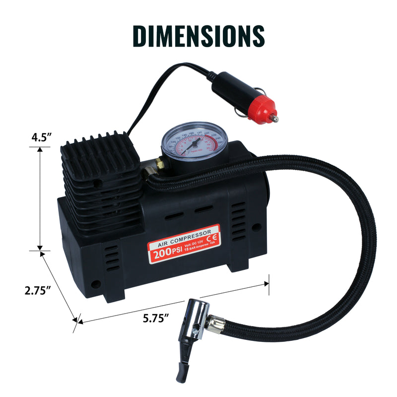 Product shot of 12V portable tire inflator on a white background with dimensions labeled