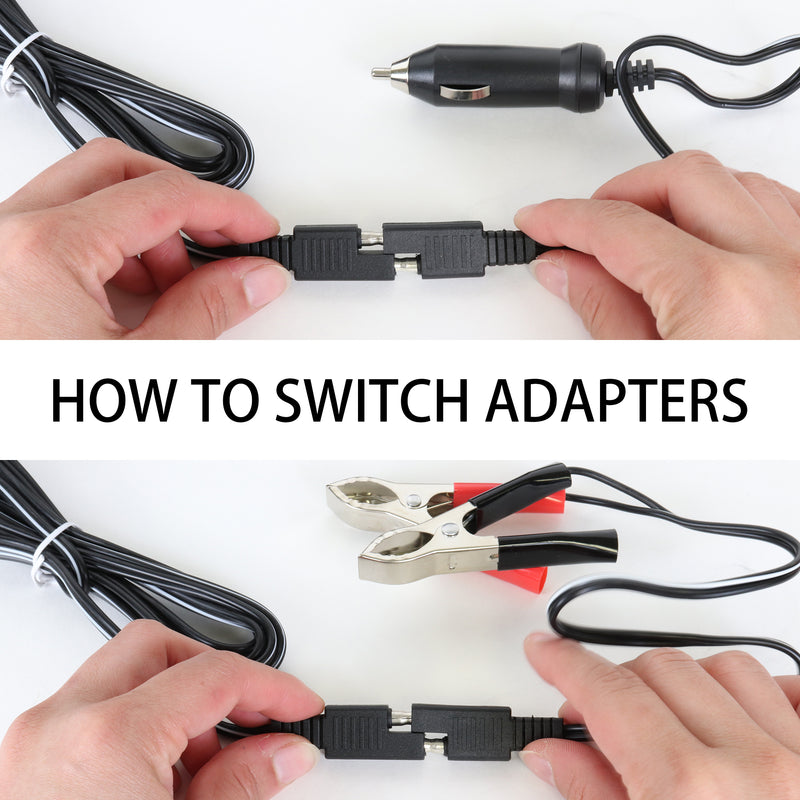 Top image shows a person's hands plugging the 12V DC adapter into the J-plug and bottom image shows a person's hands plugging the battery clamp adapter into the J-plug; text in the middle reads, "How to switch adapters"