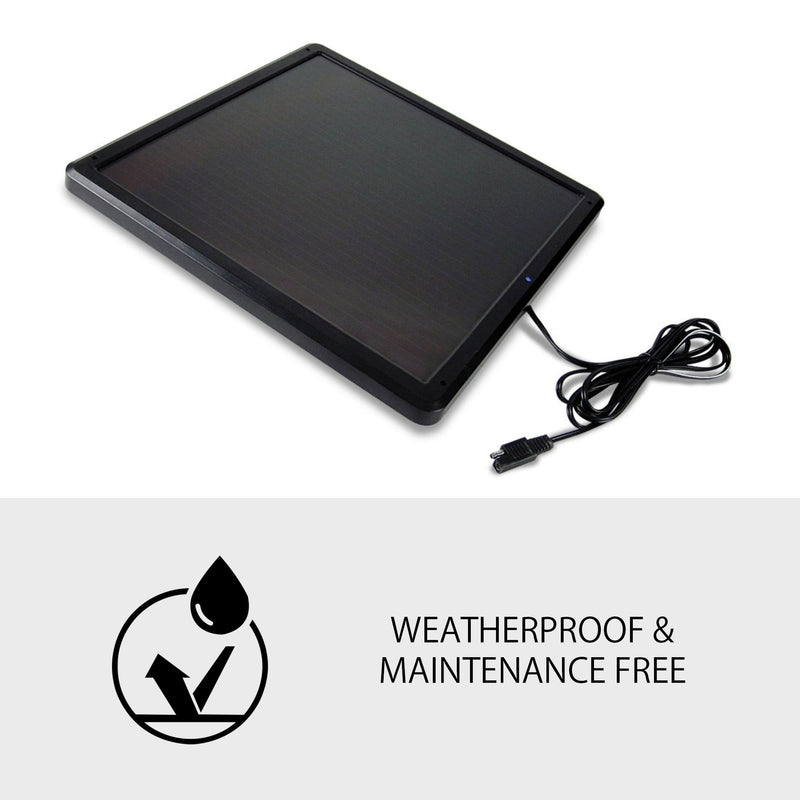 Product shot of 7.5W solar trickle charger on a white background with text below reading, "Weatherproof and maintenance free"