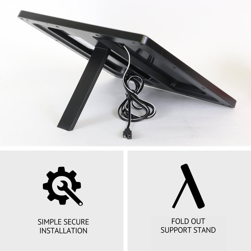 Product shot of the back of the 7.5W solar trickle charger propped on its fold-out stand with text below reading, "Simple secure installation; Fold out support stand"