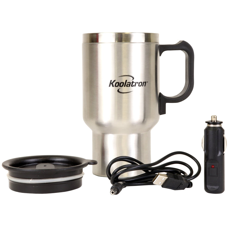 Product shot of USB/12V powered heating travel mug body with lid, USB power cord, and 12V adapter in front of it on a white background