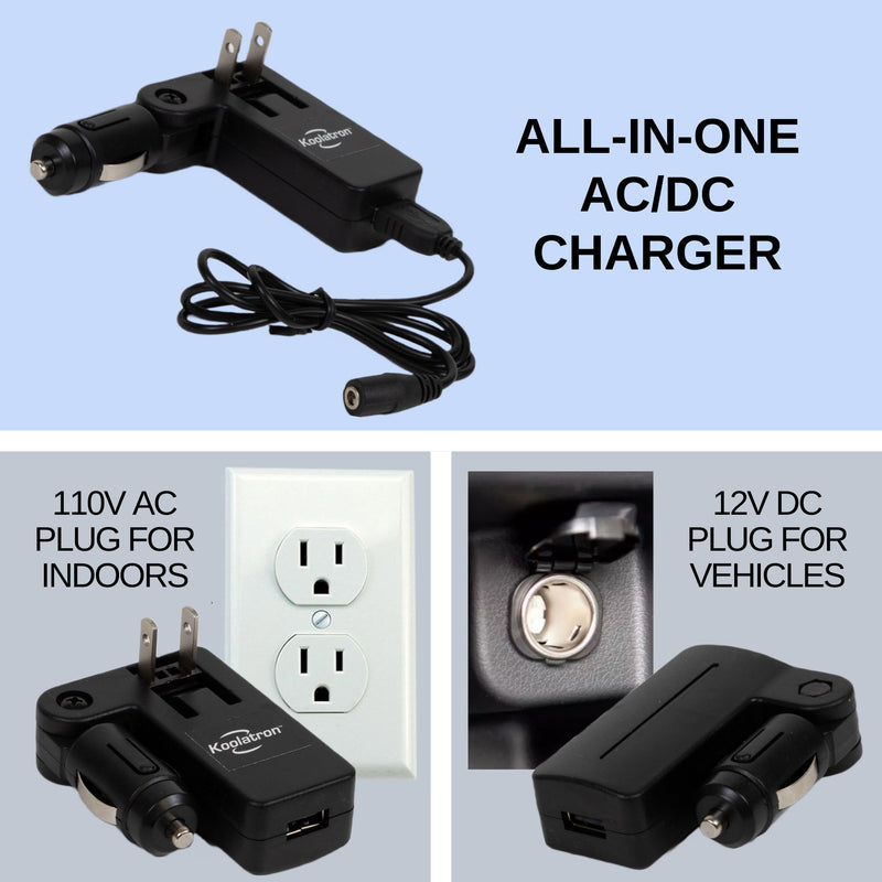 Top half shows a product shot of cell phone charger with AC prongs and 12V plug expanded and USB cable attached with text to the right reading, "All-in-one AC/DC charger." Bottom left shows a product shot of the charger with AC prongs expanded in front of a wall outlet with text reading, "110V AC plug for indoors," and bottom right shows the charger folded up in front of a vehicle power receptacle with text reading, "12V DC plug for vehicles."