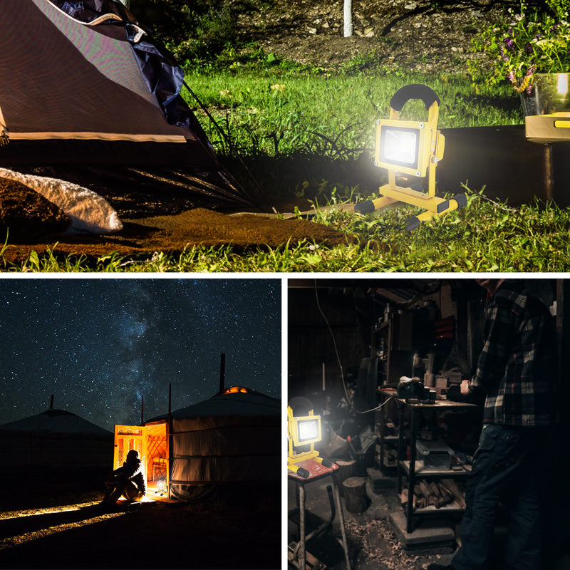 Three lifestyle images show the 12V portable flood light being used at night in different settings: Top shows it set up in the grass beside a tent; bottom left shows the light shining from behind a person seated in the open doorway of a Mongolian-style ger under a starry sky; bottom right shows the light on a table in a dark workshop
