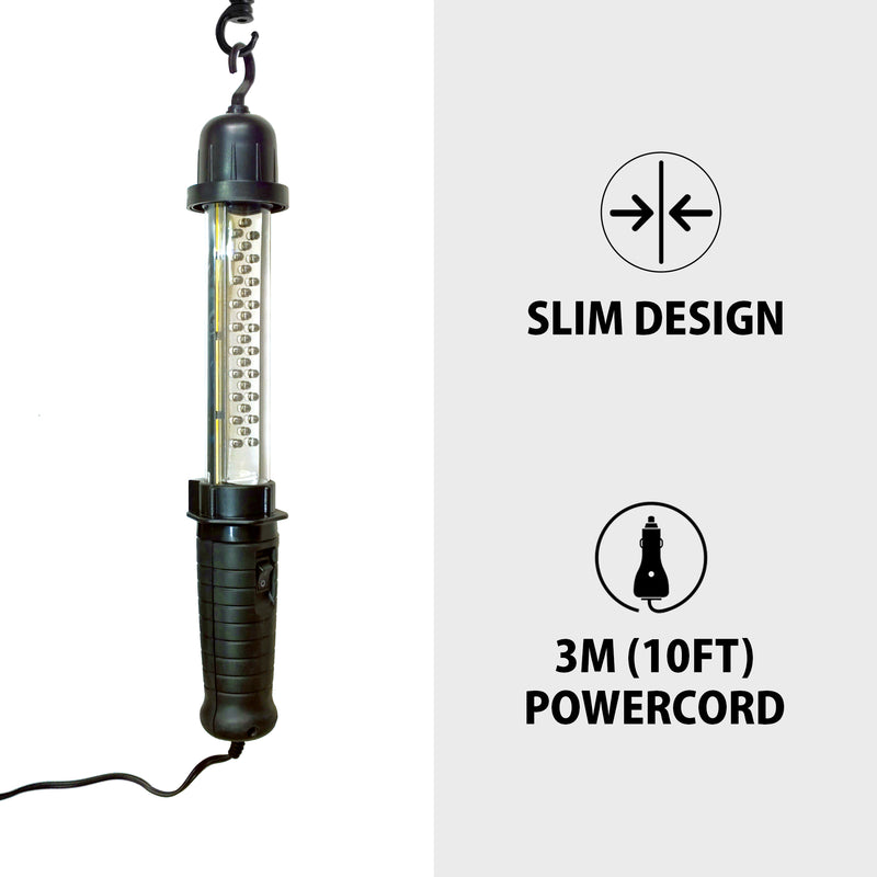 Product shot of 12V hanging work light on a white background with text and icons to the right describing: Slim design; 3 m (10ft) power cord
