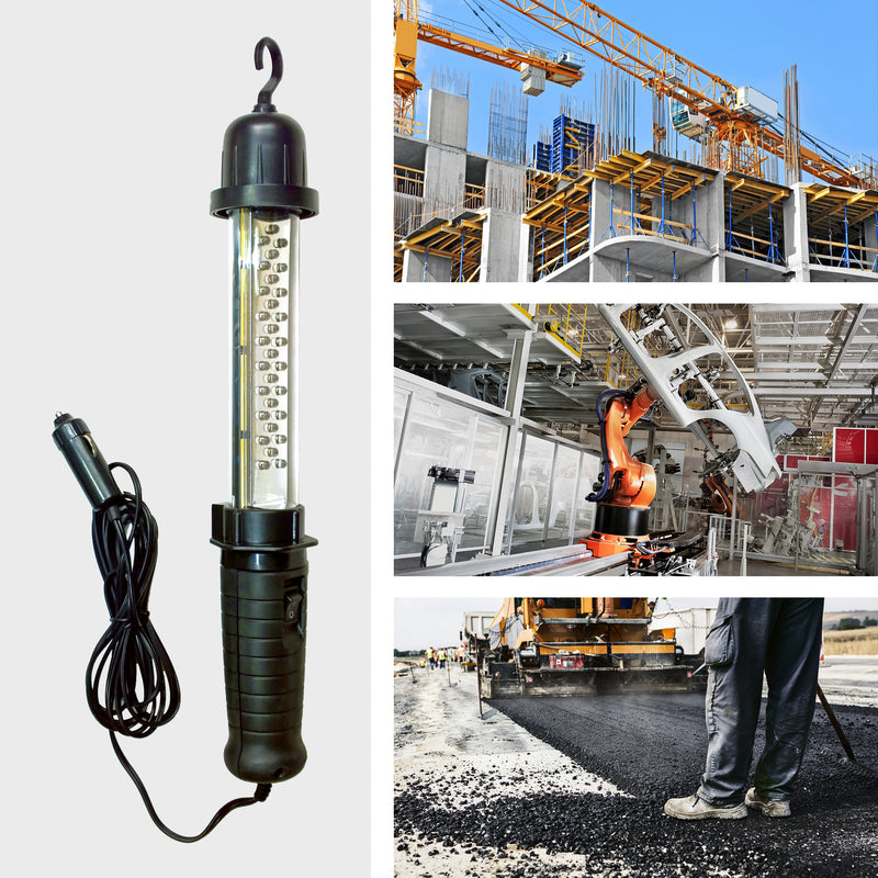 On the left is a product shot of 12V hanging work light on a gray background. On the right are 3 lifestyle images showing settings where the light could be used: Construction site; automotive workshop; road paving site