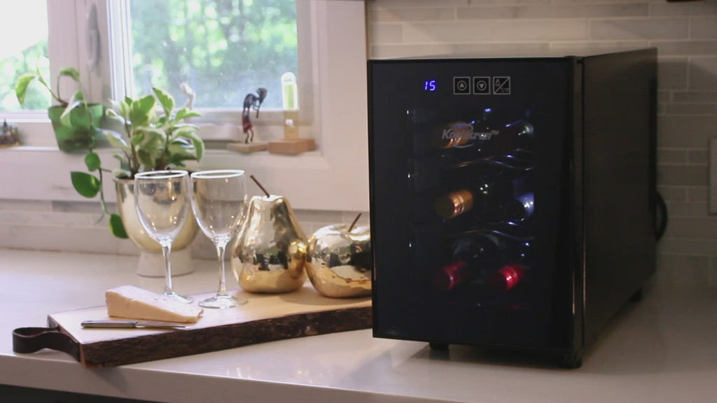 Short video with background music and no dialogue shows features of 6 bottle thermoelectric wine cooler as described in product listing