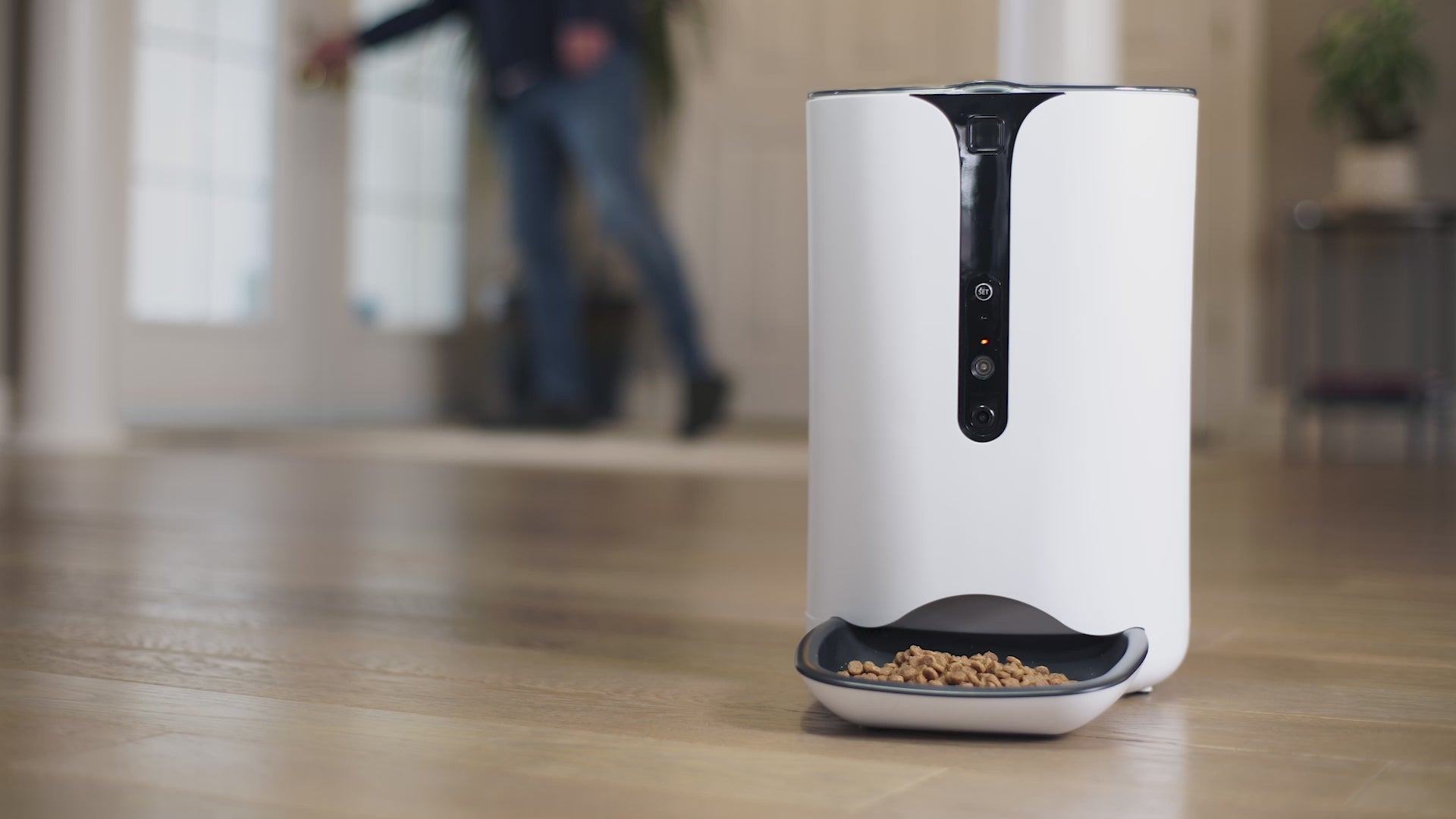 Video with text overlay and music in the background demonstrates the parts and features of the Lentek smart programmable electronic pet feeder