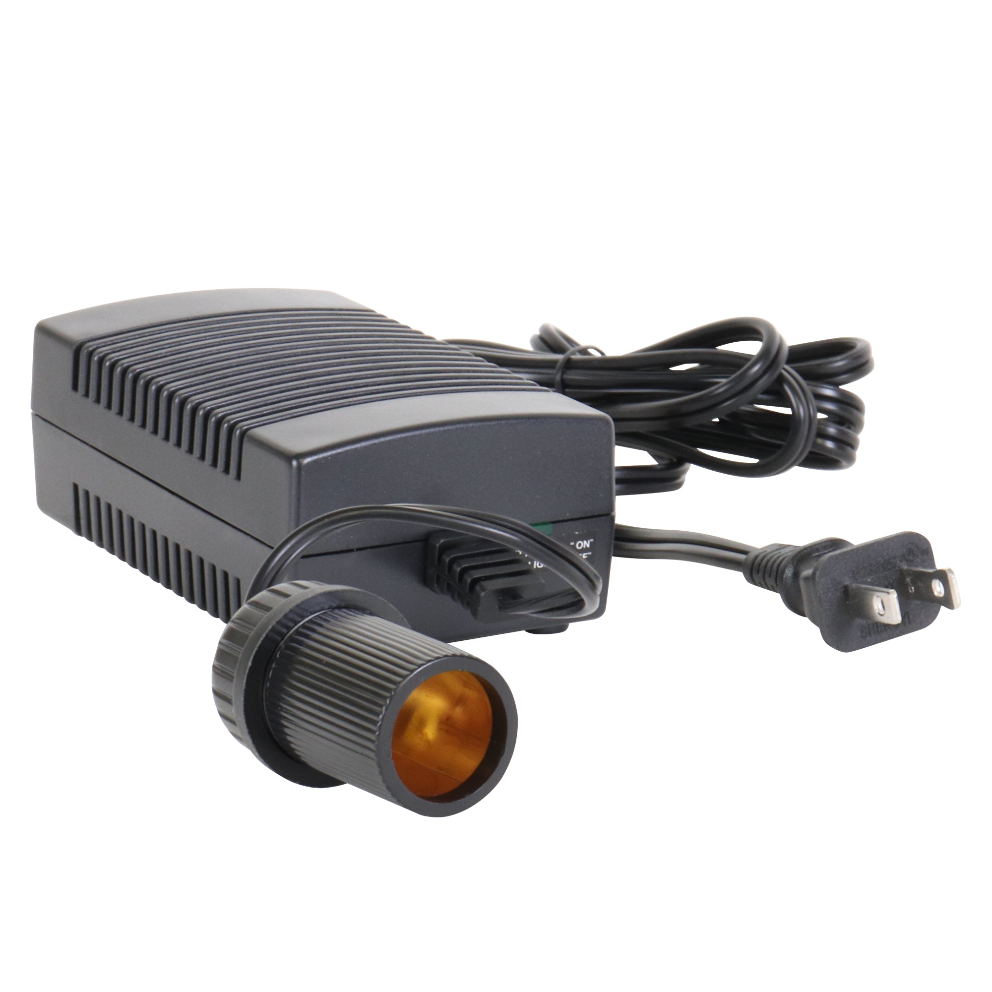 Koolatron AC to DC power adapter viewed from the front on a white background