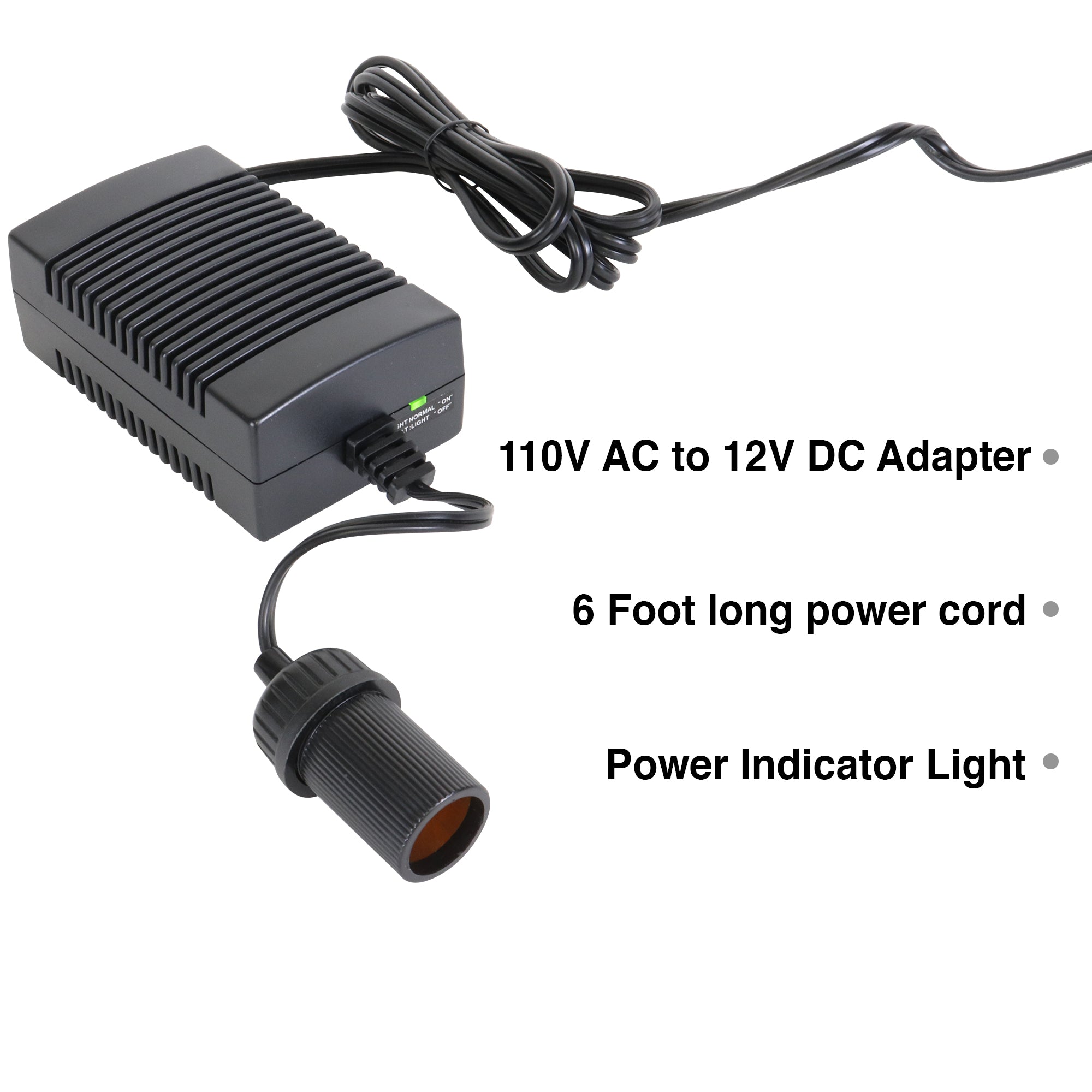 Koolatron AC to DC power adapter on a white background with text reading, “110V AC to 12V DC Adapter; 6 foot long power cord; power indicator light”