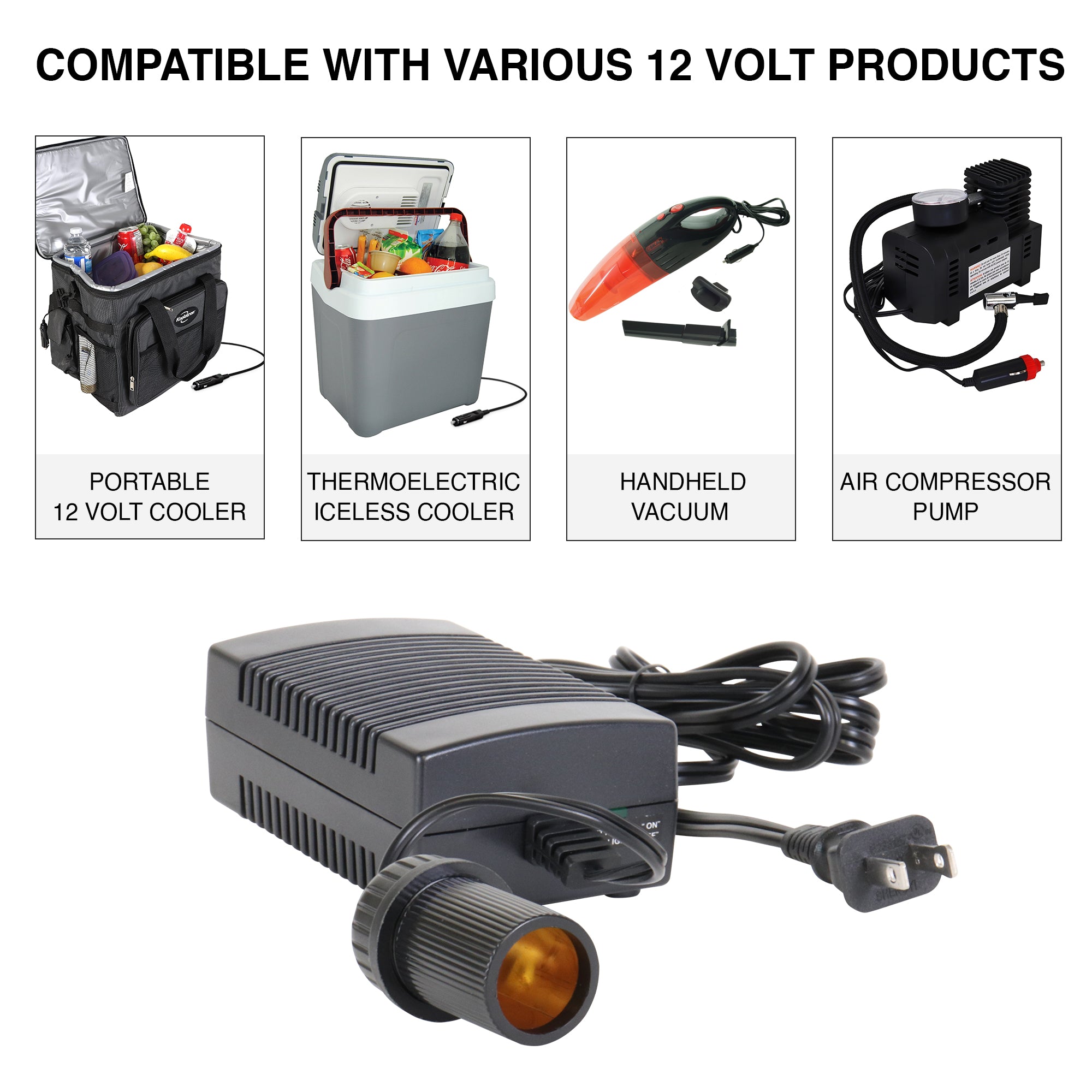 Koolatron AC to DC power adapter on a white background with a row of 4 inset images above showing a black and gray soft-sided 12V cooler; a gray and white thermoelectric iceless cooler; a handheld red and black vacuum; and an air compressor pump. Text above reads, “Compatible with various 12 Volt products”