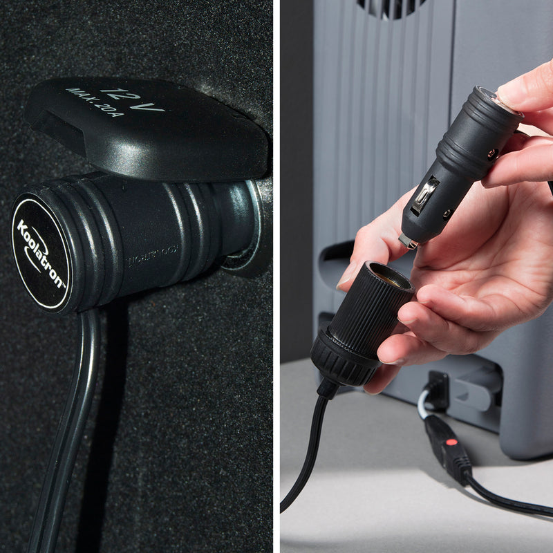 Left side shows a closeup image of a 12V cord plugged into a vehicle receptacle. Right side shows a closeup image of a person’s hands inserting a 12V plug into the DC adapter end
