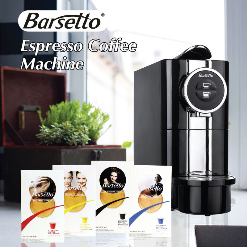 Lifestyle image of Barsetto one-touch automatic espresso maker on a light gray countertop with a window behind it, a plant in a wooden chest to the left, and four boxes of espresso pods in front. Text overlay reads, "Barsetto Espresso Coffee Machine"