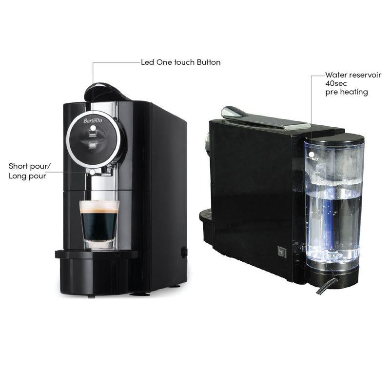 Two side by side product shots of Barsetto automatic espresso maker on a white background, one facing forwards and one backwards, with parts labeled: Short pour/long pour button; LED one-touch button; water reservoir with 40 sec pre-heating