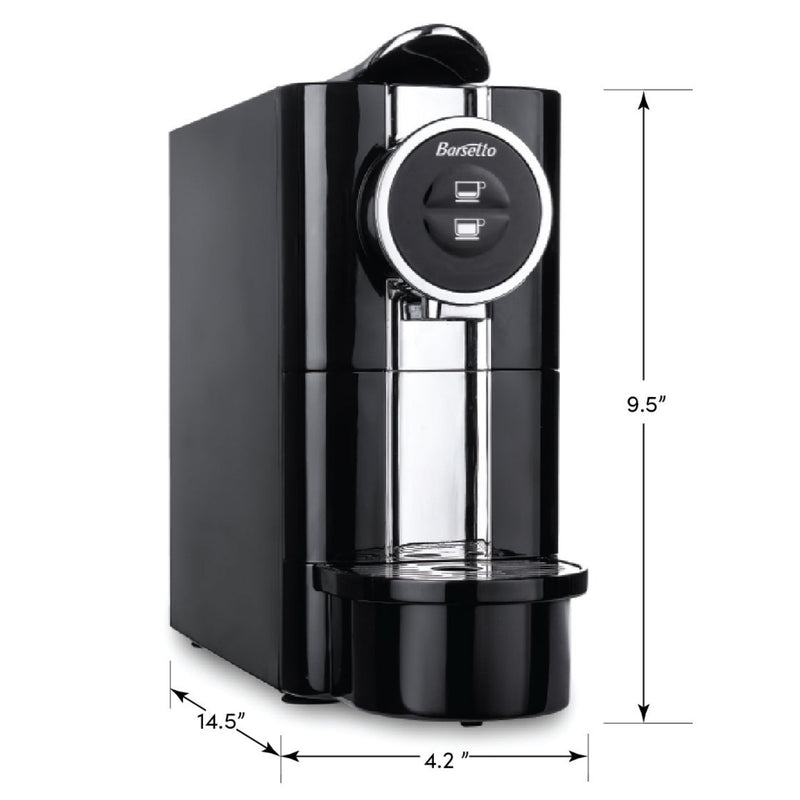 Product shot of Barsetto automatic espresso maker on a white background with dimensions labeled